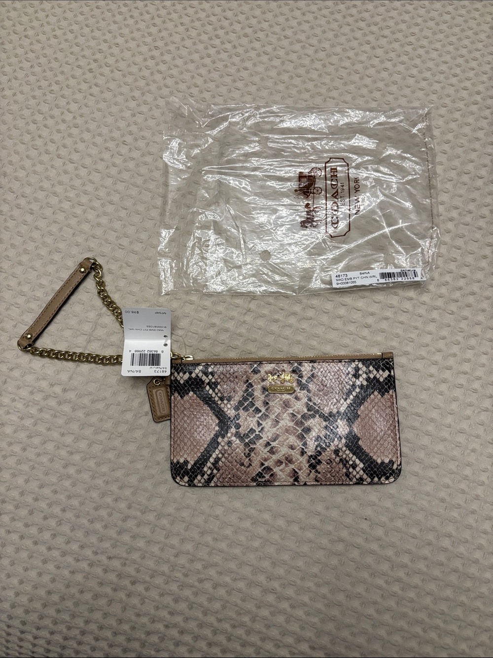 Coach Pink Snake-Print Wristlet with Gold Chain